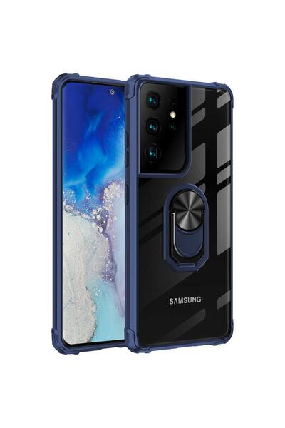 ZM STORE Samsung Galaxy S21 Ultra Kılıf Kenarları Tam Koruma Şeffaf Yüzük Sta...