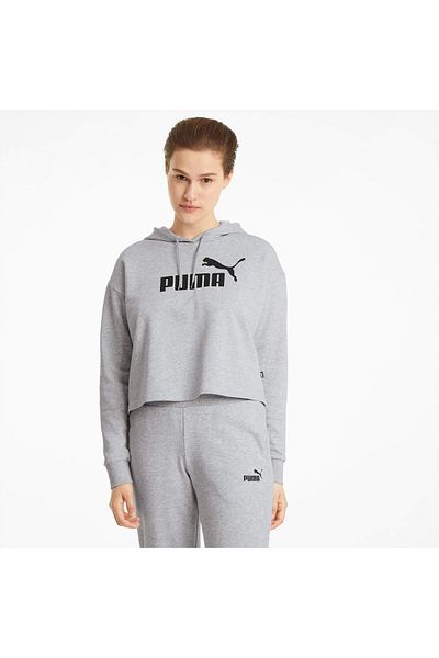 Puma 58687004 Ess Cropped Logo Hoodie Tr Gray Women's Hooded Collar Regular Fit Sweatshirt