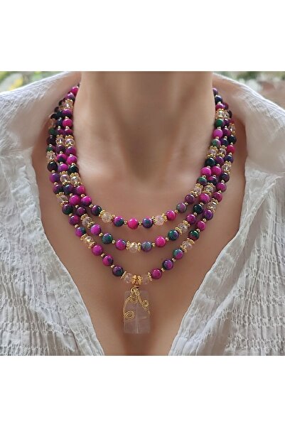 elinasaccessories Özel Tasarım El Yapımı Akik Kolye Renkli Doğal Taş Kolye Pe...