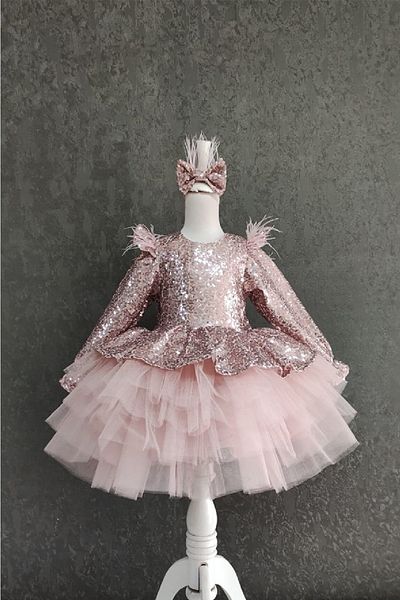 miço kids Pink Sequined Peplum Kids Evening Dress