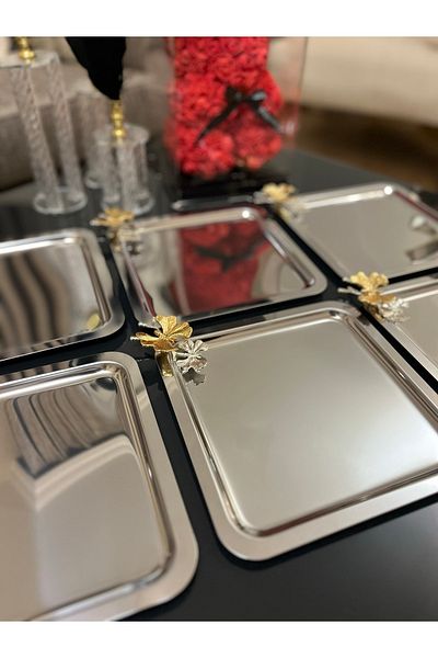 Abant Stainless Steel 6-Piece Silver Color Coffee, Tea Presentation Tray with Luxury Square Butterfly Accessories