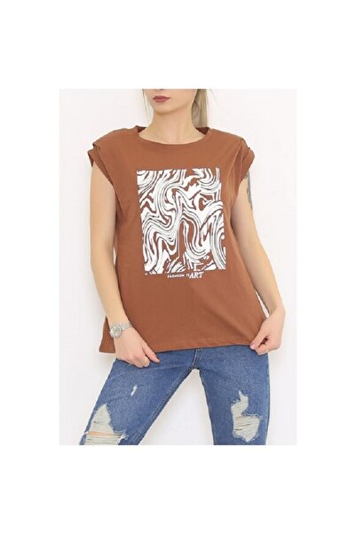 MELEDYA Baskılı Omuz Vatkalı T-shirt-kahverengi