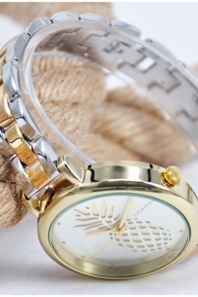 Exception Gold & Gümüş Renk Kordon Çiçek Desenli Şık Sade Tasarım Genç Kız Kadın Kol Saati Sta-026