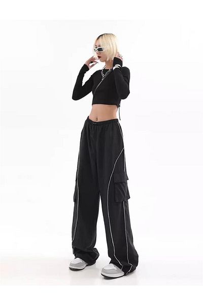 Gofeel Cargo Pocket Lines Detail Wide Leg Black Wide Leg Sweatpants
