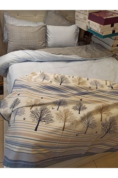 ŞENER HOME Set de husă de pilota cu două fețe, cu două fețe, cu cearșaf de pat elastic - albastru, gri