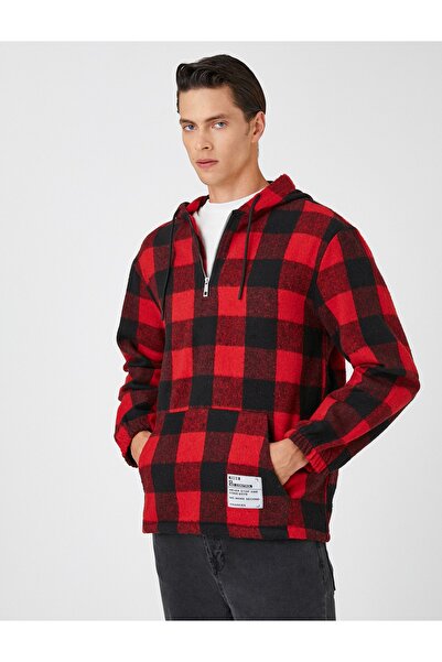 Koton Ekoseli Kapşonlu Sweatshirt Etiket Baskılı Cep Detaylı Yarım Fermuarlı