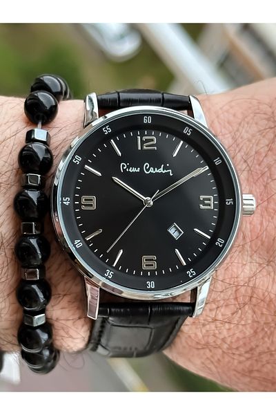 Pierre Cardin Brand Steel Case Leather Strap Calendar Men's Wristwatch + bracelet, rosary