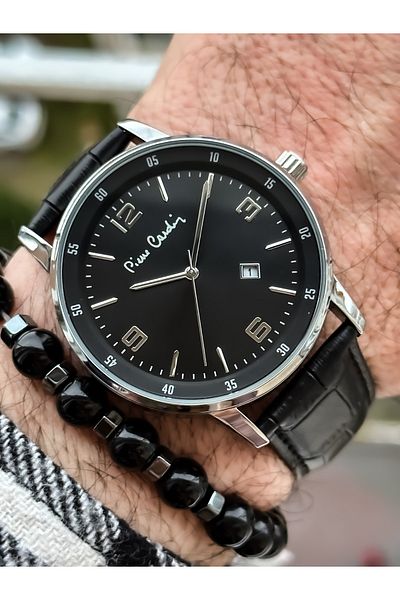 Pierre Cardin Brand Steel Case Leather Strap Calendar Men's Wristwatch + bracelet, rosary