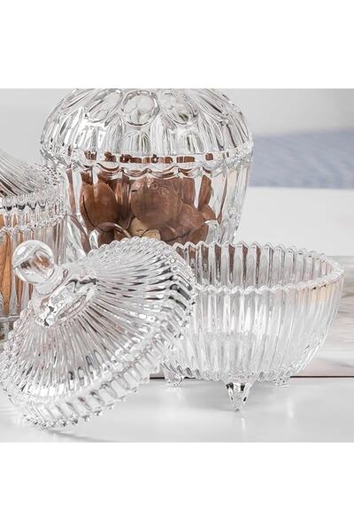 hcb ticaret 1 Adet Mini Ayaklı Cam Lokumluk Kapaklı, Şekerlik, Kase, Çerezlik