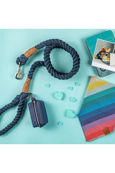 Lusi Doog Navy Blue Dog Walking Collar (Brown Detail) Dog Walking Strap Natural Cotton Rope Rope