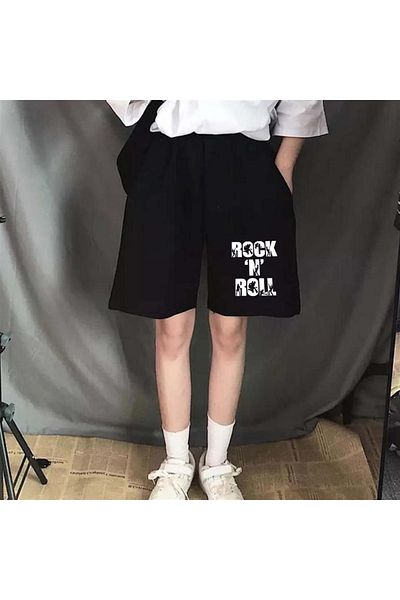 Gofeel Μαύρο χτενισμένο βαμβακερό σορτς Unisex με σχέδιο Rock 'n' Roll