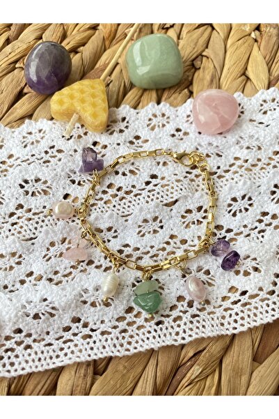 Forlana Aksesuar Cube Chain Bracelet with Natural Stone and Real Pearl Charm