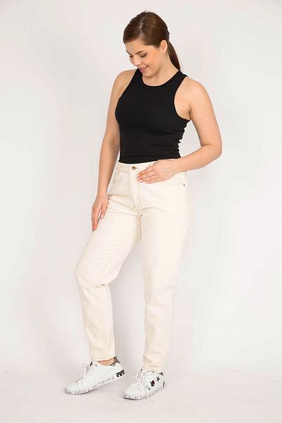 Şans Women's Ecru Large Size 5 Pocket Jeans 65n35980