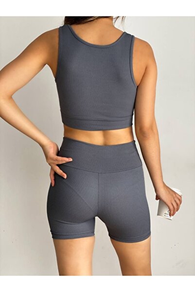 MY FARBE Kadın Kısa Spor Fitilli Crop Tayt Takım
