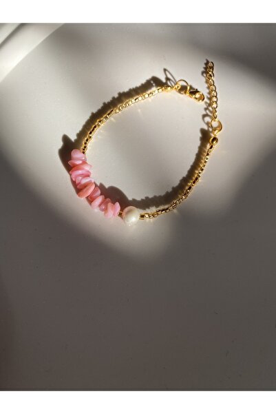 Forlana Aksesuar Pink Natural Cracked Mother of Pearl Stone and Real Pearl Br...