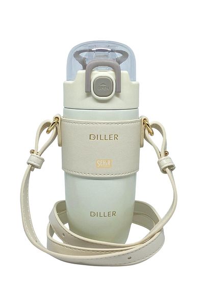 DILLER 360ml Fashion Pastel Colored Thermos Flask with Leather Cover and Strap - Stainless Steel