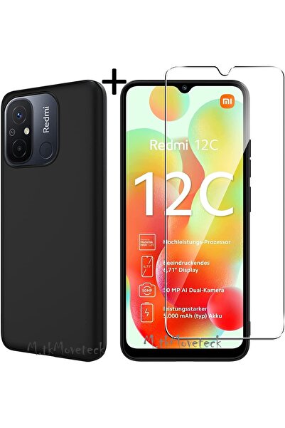 m.tk moveteck Xiaomi Redmi 12c Uyumlu Kılıf Soft Yumuşak Silikon + 9h Ekran Koruyucu Set Kamera Çıkıntılı Korumalı