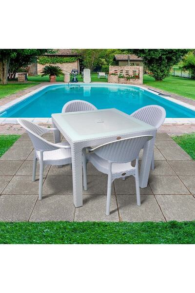 Sadık Plastik SP Capissi Rattan Beyaz Masa Takımı 90*90 Camlı Masa 4 Adet Bam...