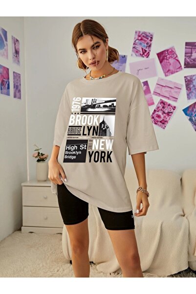 Machetta Μπλουζάκι μεγάλου μεγέθους 1976 Brooklyn Bridge με στάμπα μπεζ oversize