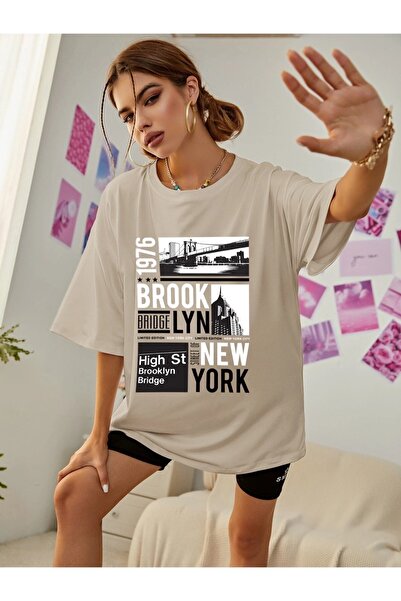 Machetta Μπλουζάκι μεγάλου μεγέθους 1976 Brooklyn Bridge με στάμπα μπεζ oversize