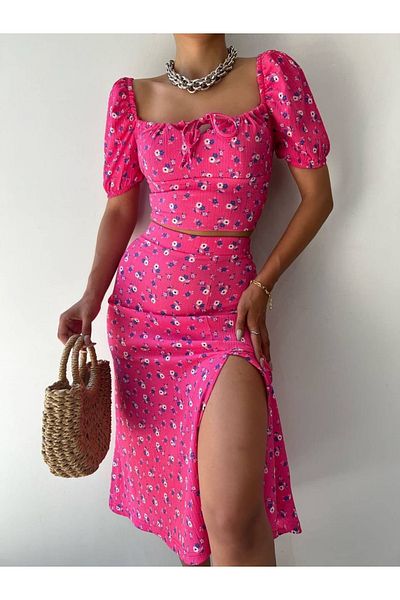Fav Style Pink Women's Set - Blouse with Tie Detail and Skirt with Slits