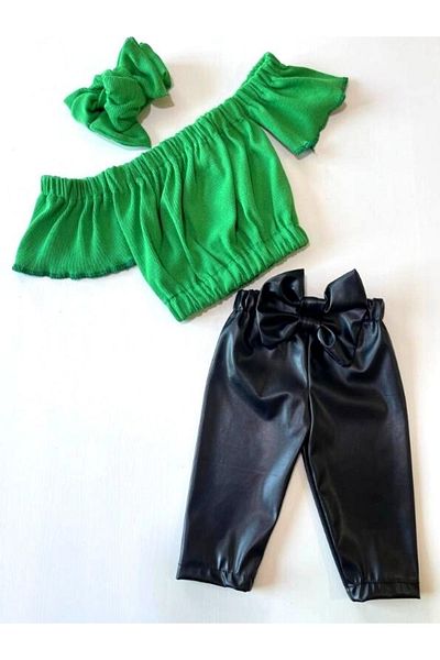 özge başaran Pantaloni cu fundă din piele lycra pentru fete, bluză verde fără bretele și set bentiță.