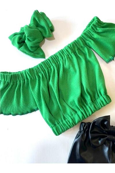 özge başaran Pantaloni cu fundă din piele lycra pentru fete, bluză verde fără bretele și set bentiță.