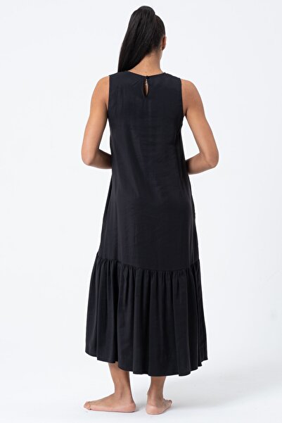 YOU YOUNG Kadın Uzun Midi Elbise Dökümlü Siyah Ipek Karışımı Bisiklet Yaka Kolsuz Elbise Relax Fit