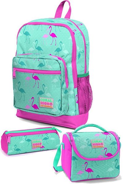 Coral High Geantă de școală cu model flamingo, verde apă, roz neon, nutriție termică, suport pentru stilouri cu trei compartimente, set Go23111set02