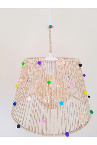 C&A&B KUZEY AVİZE Wicker Rope Wrapped Colorful Pompom Baby and Children's Room Pendant Lamp Chandelier