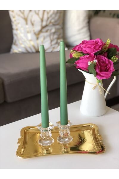 Ayd Home 2 Li Yeşil Renk Mum 26 Cm 1.kalite Sofra Dekorasyon Şamdan Ve Mumluk...