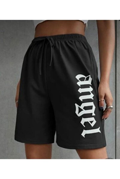 MODARİCH Angel Shorts - Black, Printed, High Waist, Knitted, Pocket, Women