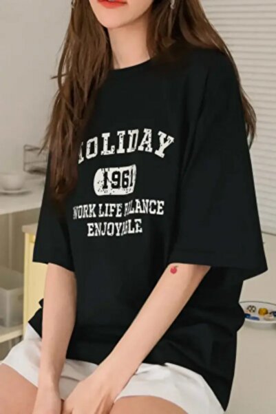 trendgar Holiday1961 εμπριμέ μαύρο μπλουζάκι Oversize