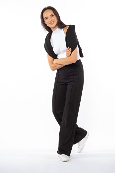 Grenj Fashion Black Stripe Detailed Wide Leg High Waist Trousers Leggings