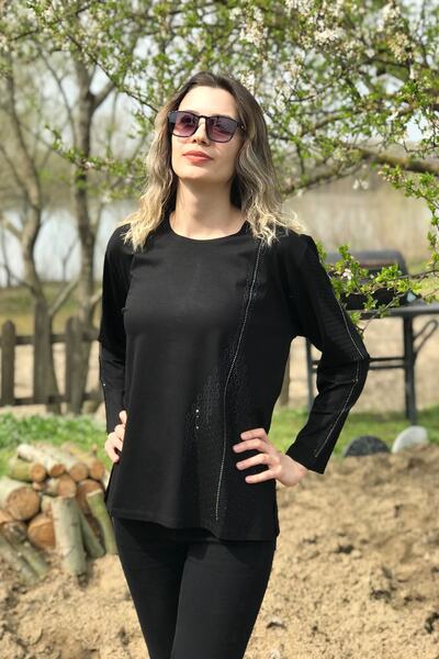 Dinçerler tekstil Kadın Preminyum Taş Baskılı Omuzdan Fulok Baskı Detaylı Bluz