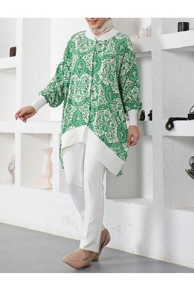 Modamorfo Grüne Oversize-Tunika - Blumen- und geometrisches Muster, gerippt, geknöpft
