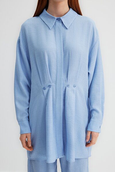Trendyol Modest X Kevser Sarıoglu cămașă țesută cu pliseare albastră TCLSS23TG00007