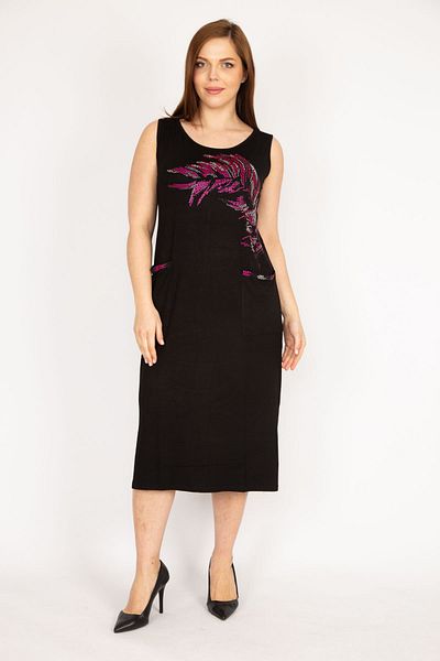 Şans Women's Black Plus Size Stone Detailed Front Pocket Dress 65n35976