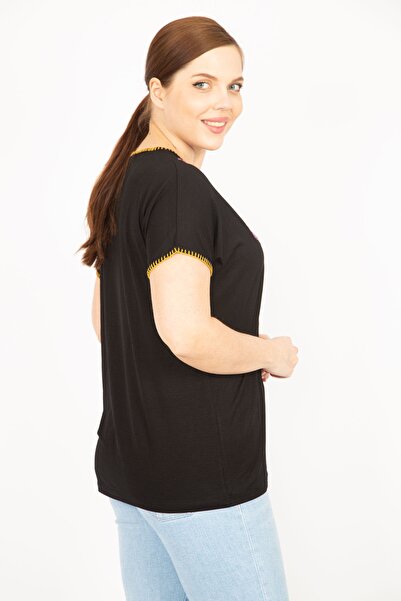 Şans Women's Black Plus Size Embroidery Detailed Blouse 65n35970