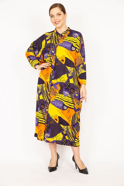 Şans Women's Purple Plus Size Woven Viscose Fabric Front Length Buttoned Dress 65n35965