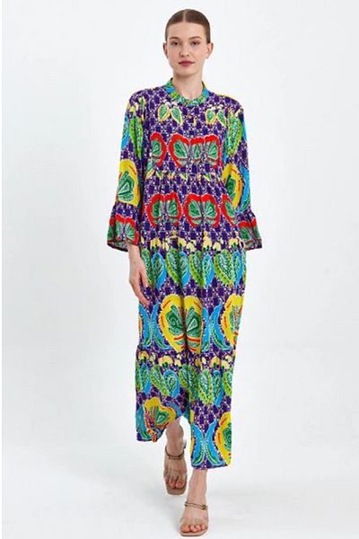 AYASOFYA OTANTIK Women's Purple Magnificent Collar Ivolan Sleeve Button Detailed Ethnic Authentic Dress