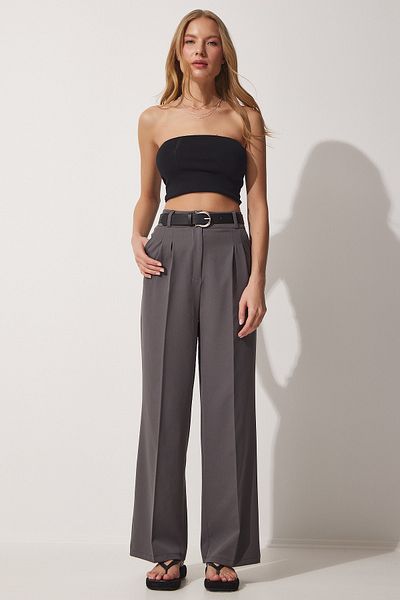 Happiness İstanbul Women's Smoked Wide Leg Masculine Woven Trousers HG00001