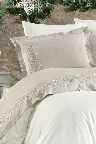 Minelya Home Collection Σετ Παπλωματοθήκη 6 τεμαχίων Βαμβακερό Κεντητό Λινό Lima Διπλό Μπεζ