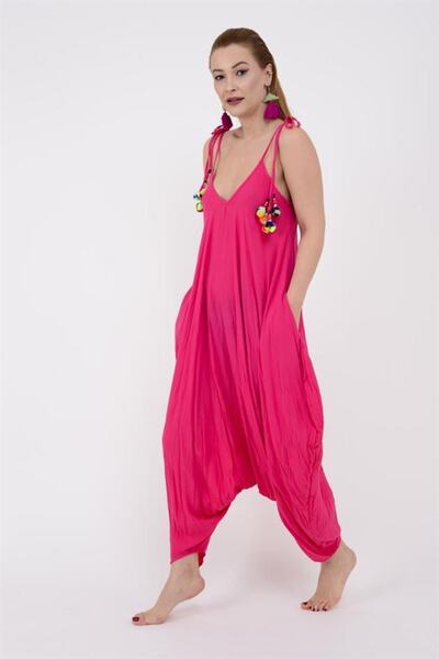 ZTO Kadın Boho Ponponlu Askılı Tulum