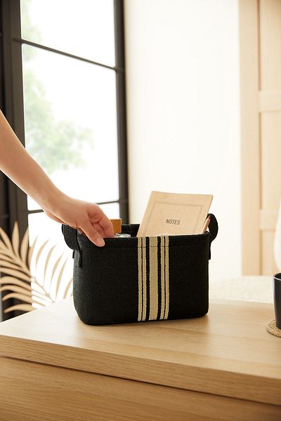 Ocean Home Textile Dulap din iută cu dungi negre - Organizator pentru rufe și jucării, coș de depozitare pliabil 24x17x14