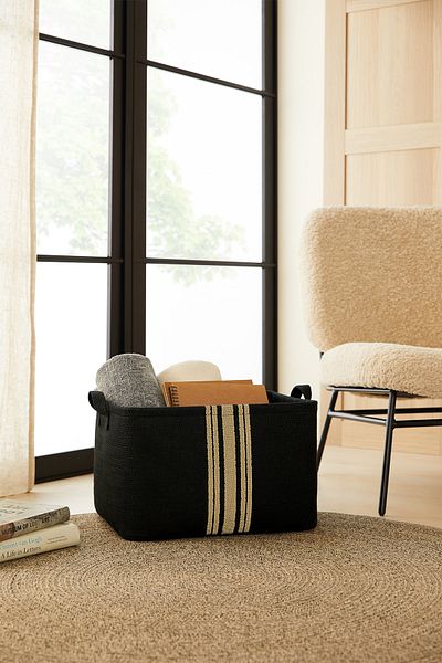 Ocean Home Textile Шкаф от юта с черни райета - Органайзер за пране и играчки, Сгъваема кошница за съхранение 42X31X25