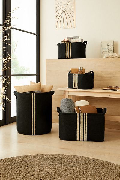 Ocean Home Textile Шкаф от юта с черни райета - Органайзер за пране и играчки, Сгъваема кошница за съхранение 42X31X25