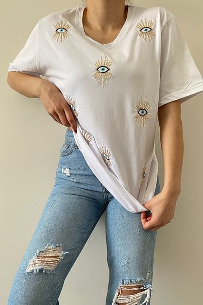 FEMELLE Women's White V-Neck Eye Pattern Sequin Sequin Embroidered 100% Cotton Plus Size T-Shirt