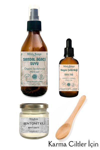 Minia Bahçe Bitki ve Sanat Atölyesi Sandalwood Water 150ml Apricot Kernel Oil 30ml Bentonite Clay 75gr100% Pure and Natural
