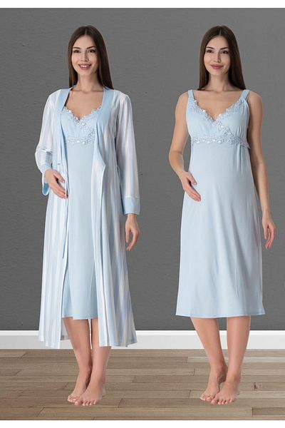 by İGP Effortt Blue Women's Pregnant Maternity Dressing Gown Nightgown and Pajama Set 9036